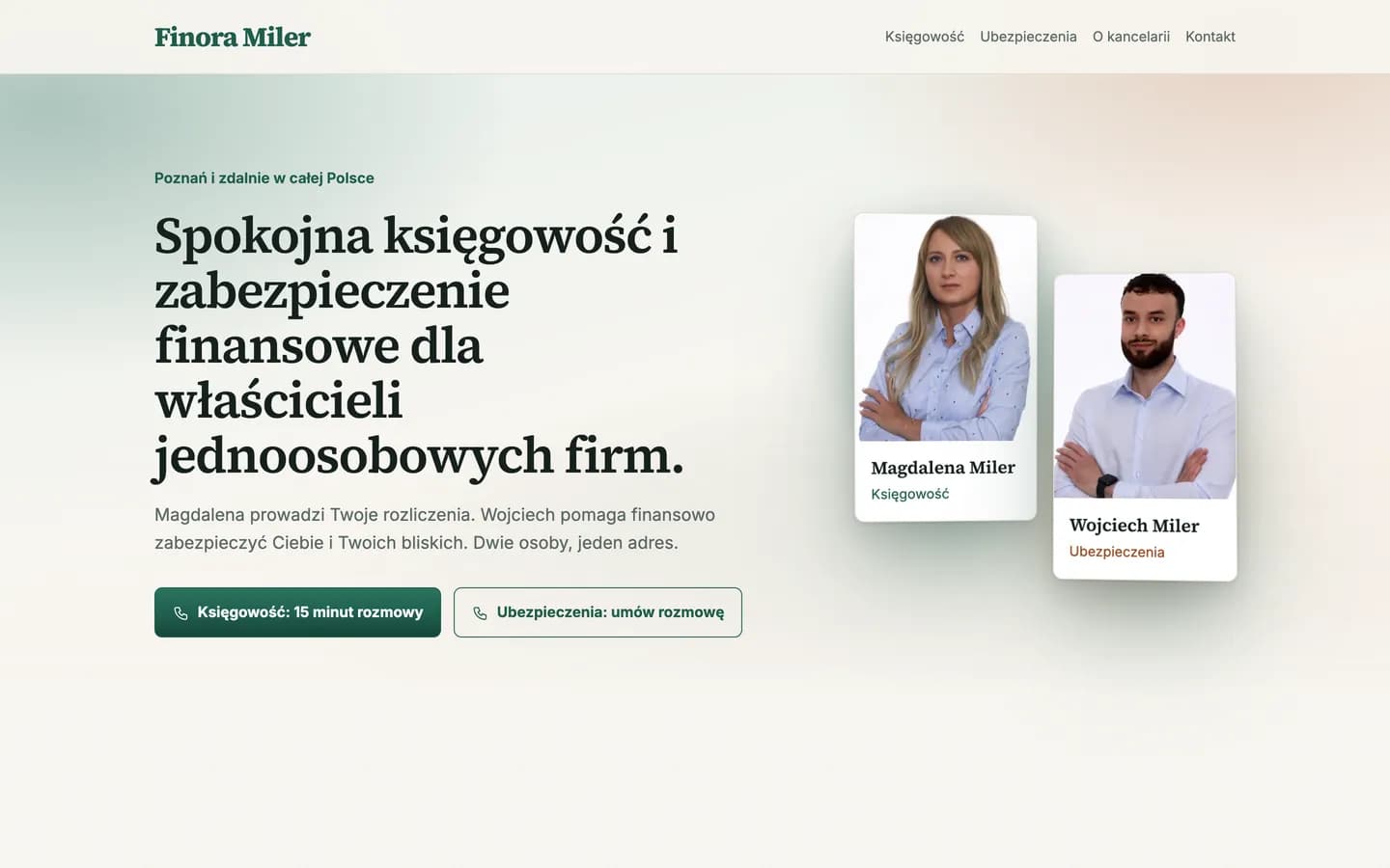 Zrzut strony biura księgowego: nagłówek o spokojnej księgowości i zdjęcia dwóch osób, które je prowadzą