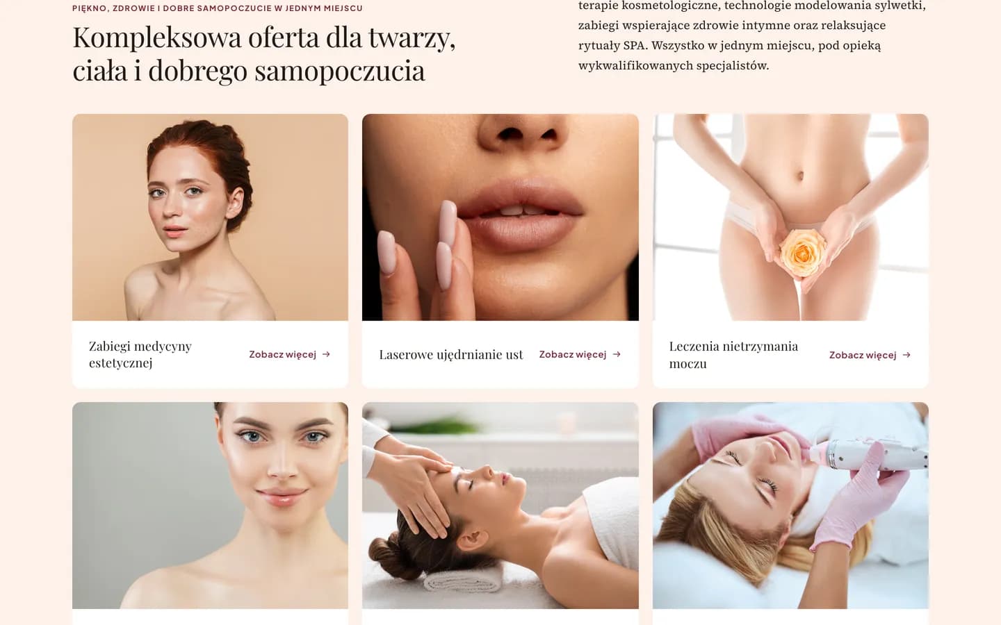 Zrzut strony gabinetu kosmetycznego: sekcja z ofertą zabiegów na twarz i ciało