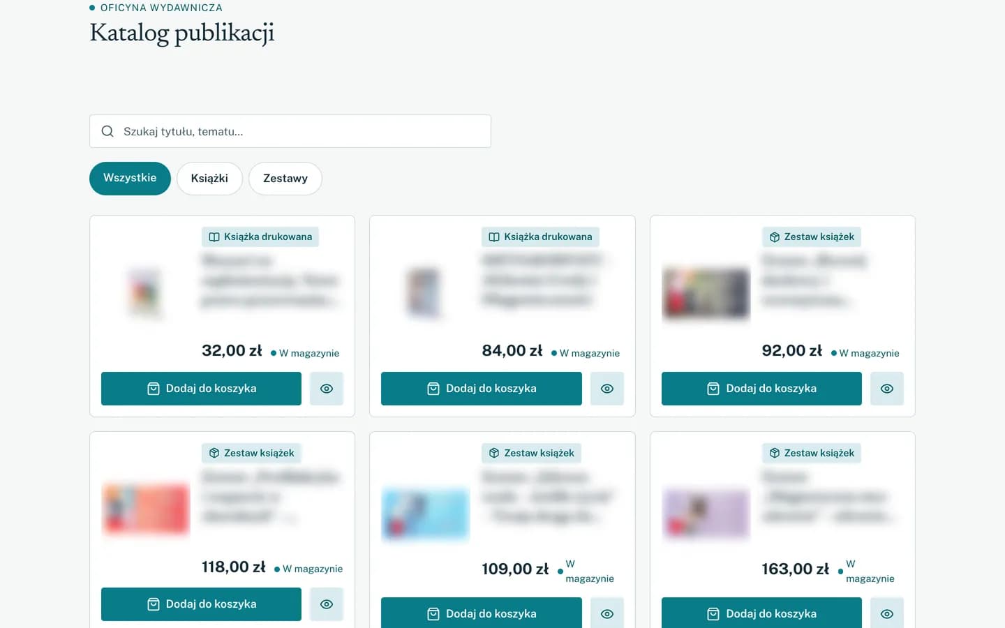 Zrzut katalogu publikacji: wyszukiwarka, filtry Książki i Zestawy oraz karty książek z ceną i przyciskiem koszyka