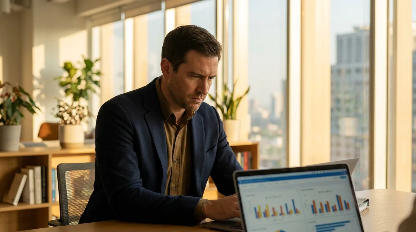 Przedsiębiorca analizuje dashboard kampanii AI na laptopie w nowoczesnym biurze