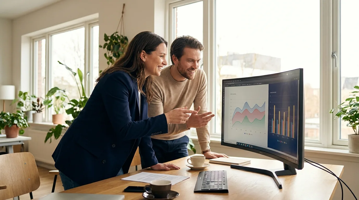 Spotkanie konsultacyjne w biurze z widocznym ekranem wyników kampanii marketingowej AI