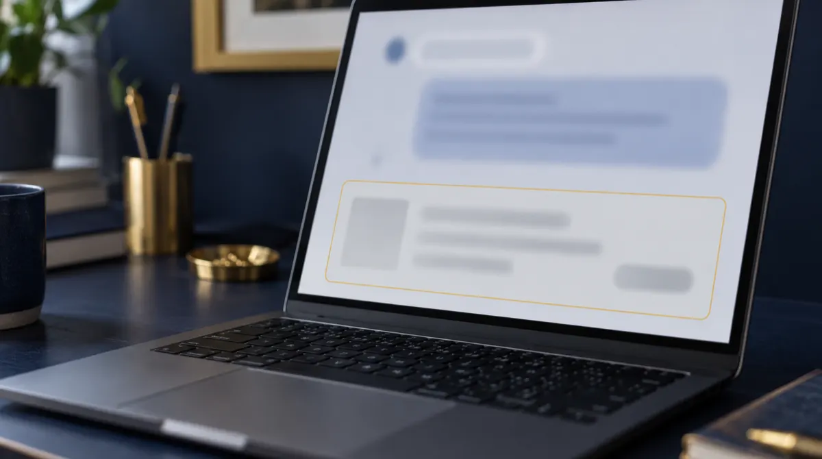 Ekran laptopa z odpowiedzią asystenta AI i oddzieloną pod nią kartą sponsorowaną